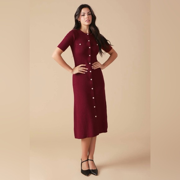 Burgundy Knit Midi Dress |Button-Down Sweater Dress|Elegant Fall/Winter Look|M–L - Picture 4 of 7